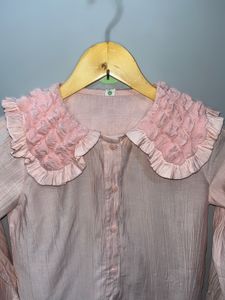 Pink Ruffle Collar Long Sleeve Shirt