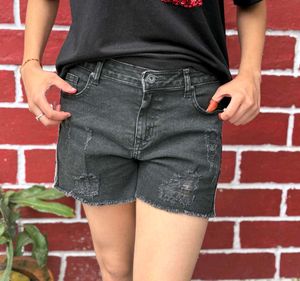 Distressed Black Denim Shorts