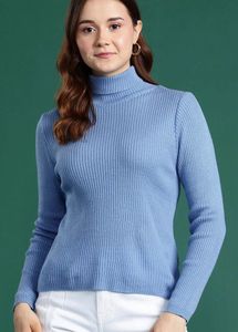 Blue Turtleneck Ribbed Sweater