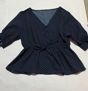 Navy Blue Polka Dot Peplum Top