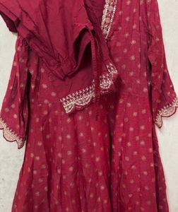 Red Anarkali Suit Set With Pant Dupatta