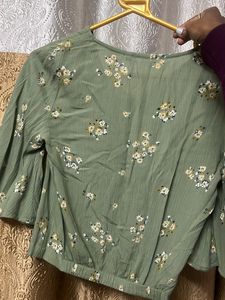 Light Olive Green Top With Bell Short Sleeves