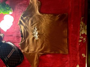 Brown Ribbed Cutout Top