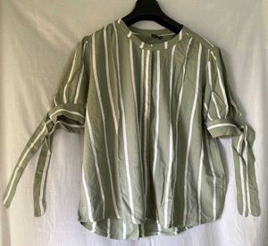 Green Striped Tie Sleeve Top For Women