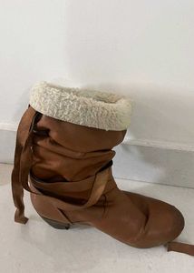 Brown Leather And Fur Heeled Boots