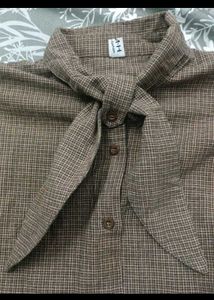 Vintage Brown Tie-Neck Blouse