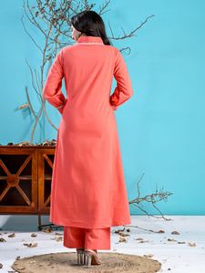 Peach Cotton Kurta Set w/ Embroidery