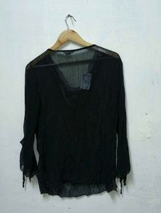 Trendy New L Black Embellished Sheer Blouse