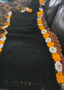 Woollen Black Shawl With Yellow & White Flower
