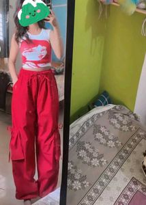 Red Cargo Pants - Trendy Wide Leg Trousers