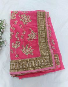 Golden Embroidered Rose Pink Georgette Saree