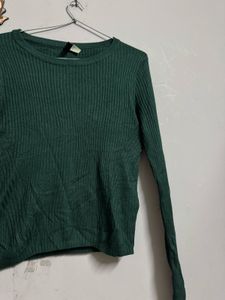 H&amp;M Green Ribbed Long Sleeve Top