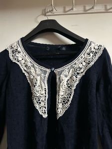 Navy Cardigan w/ Lace Collar