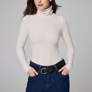 Cream Ribbed Turtleneck Top