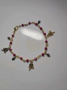 Rose &amp; Leaf Charm Beaded Bracelet Red