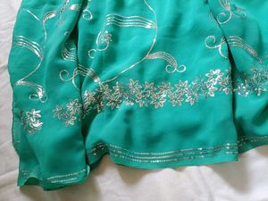 Unused Turquoise Sequins Saree