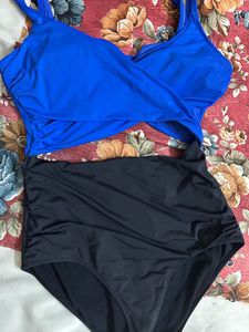 Blue &amp; Black High-Waisted Swimsuit