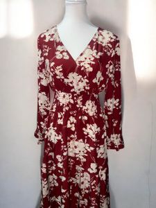 Maroon Mulvari Floral Printed Dress