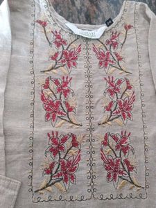 Embroidered Beige Kurta for Girls