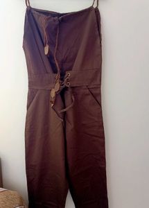 Brown Lace-Up Cotton Jumpsuit with Pockets