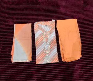 Orange Grey Kurta Set With Pant &amp; Dupatta