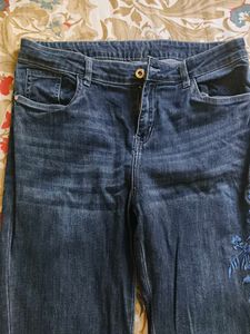 Navy Blue One Sided Embroidery Jeans