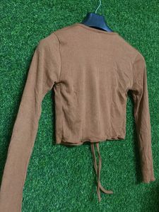 Brown Tie-Front Long Sleeve Top