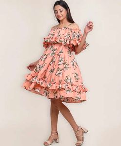 New Piece Floral Ruffle Midi Peach Dress For M Siz