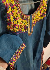 Embroidered Denim Kurta