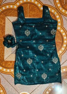 Dark Sea Green Tissue Crush Fabric Short Kurti