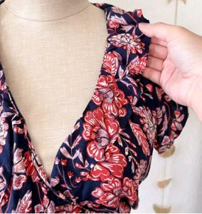 Navy Blue Floral Print Ruffled Wrap Top