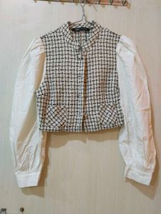 Chic Tweed &amp; Puff Sleeve Crop Top Blouse