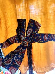 Mustard Yellow Top With Blue Kalamkari Bow
