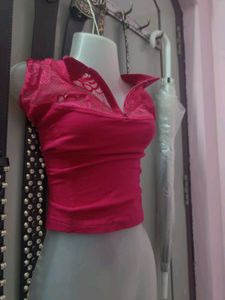 Rose Pink Lace Detail CropTop/blouse