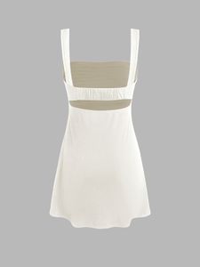 Ruched Square Neck Mini Dress In Beige