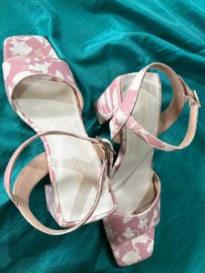 Peach Coloured&amp;White Floral Print Block Heel