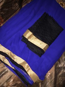 Elegant Blue Saree with Black &amp; Gold Trim