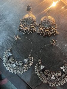 Two Pair Of Jhumkas , One Is Oxidised Junk Jewellery & Second One Chaand Baali 😊❤️