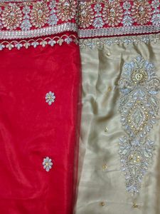 Red With Sandal Net &amp; Silk Saree