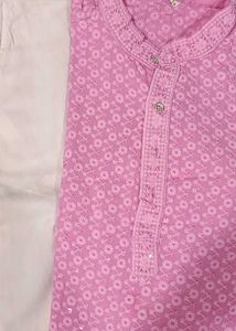 Festive Chikanwork Pink Kurta Pajama For Men