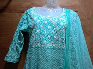 🩵Aqua Blue Printed Cotton Suit Set with Dupatta🩵