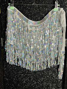 Cord Silver Fringe Belly Dance Hip Top Wrap Skirt