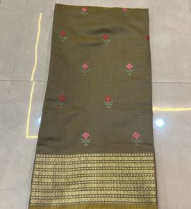 Olive Green Embroidered Saree- New