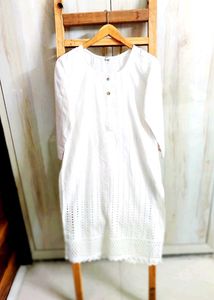 Embroidery Work White Cotton Kurti Size-34