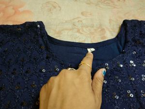 Navy &amp; White Embroidered Kurta with Skirt &amp; Dupatt