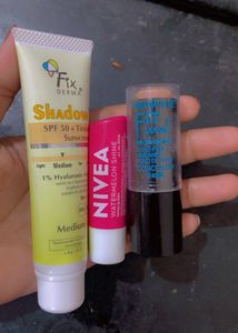 fix derma tinted sunscreen, nivea lipblam, fitme