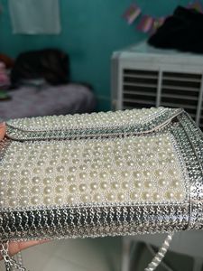 Pearl &amp; Silver Beaded Clutch