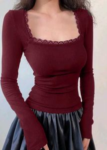 Burgundy Lace Trim Long Sleeve Top