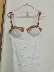 White Floral Neckline Maxi Dress