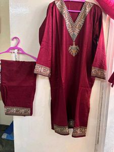 Maroon Embroidered Kashmari Kurta Set